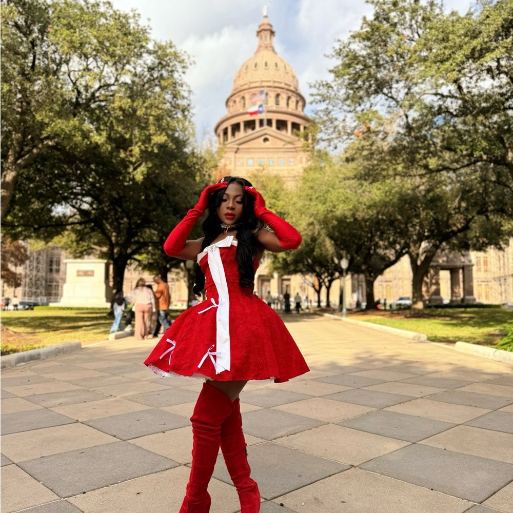 SHEIN Red Strapless Holiday Fit & Flare Dress with White Accent